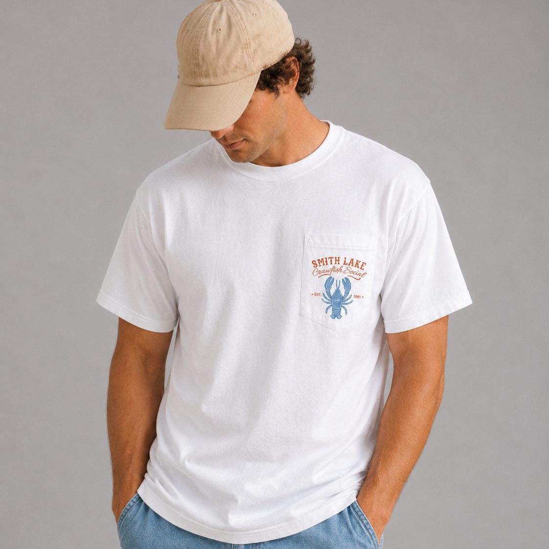 Model wearing the Southern Waterside Smith Lake Crawfish graphic T-shirt on a white Comfort Colors 1717 tee. Lewis Smith Lake apparel for men.